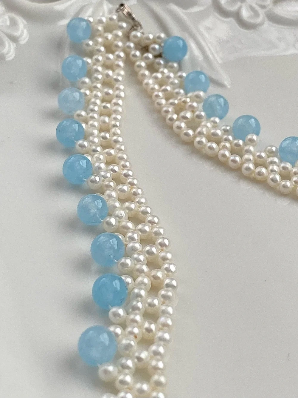 GP89-Hand Braided High Quality Baby Pear And Aquamarine Bow Necklace